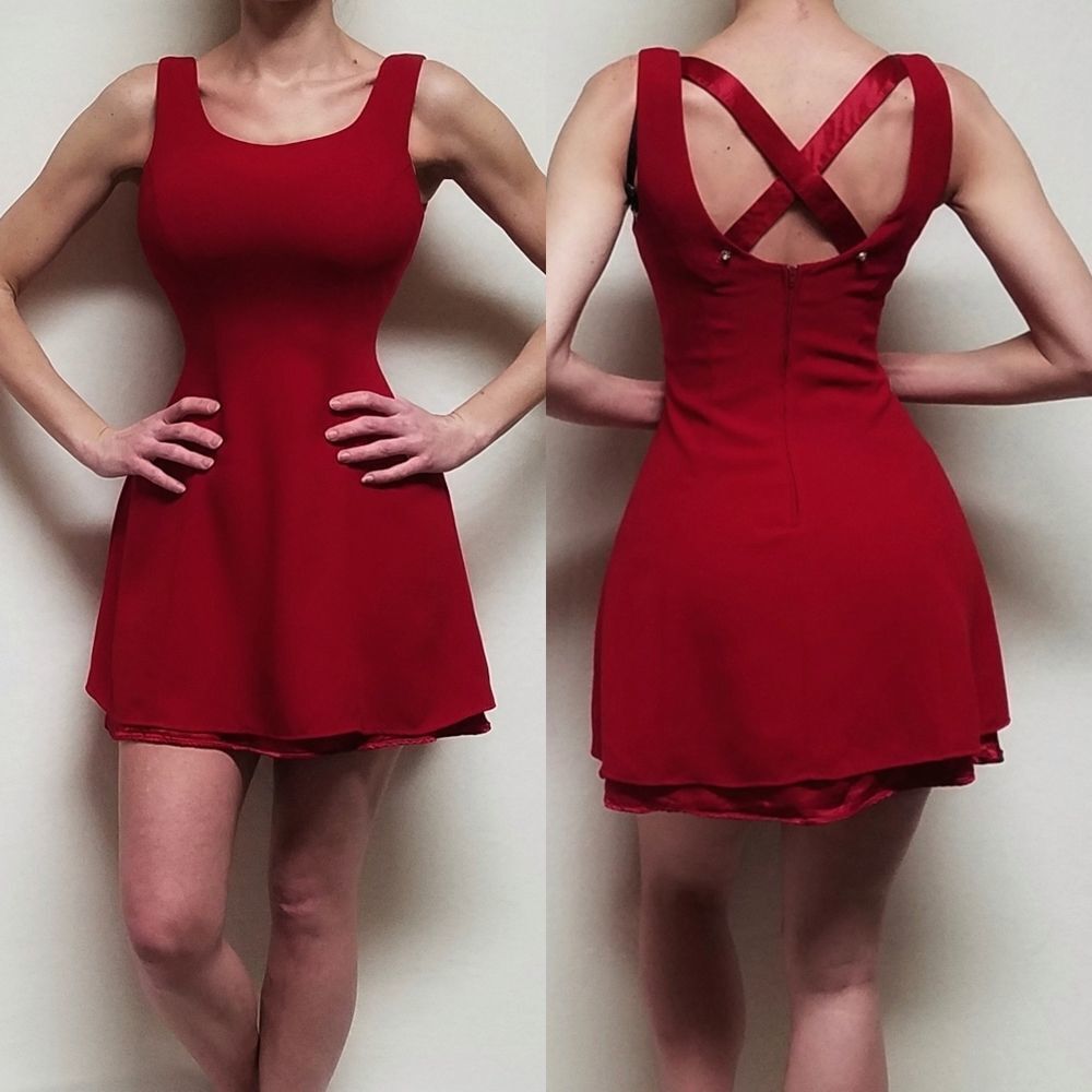Vintage R Wear Rampage Red Satin Criss-Cross Crystal Button Layered A-Line Dress